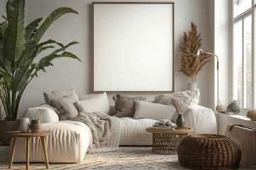 Cozy living room with neutral tones and plants.