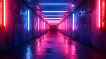 Fototapeta premium Neon Lights in a Concrete Corridor - 3D Illustration