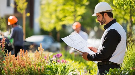 Landscape architect managing the development of a new park, overseeing a team of workers planting trees and shrubs, and holding a blueprint to guide the green space design and planning. 