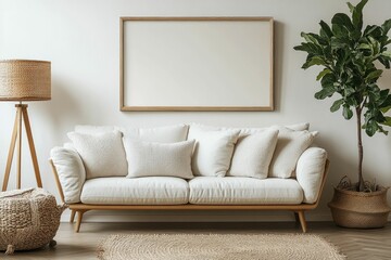 Cozy living room with a stylish sofa and greenery.