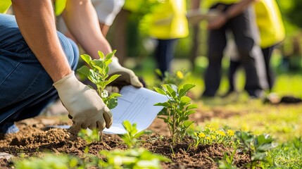 Naklejka premium Landscape architect managing the development of a new park, overseeing a team of workers planting trees and shrubs, and holding a blueprint to guide the green space design and planning. 