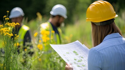 Landscape architect managing the development of a new park, overseeing a team of workers planting trees and shrubs, and holding a blueprint to guide the green space design and planning. 