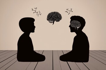 Two seated figures facing each other with floating brain symbols representing intellectual discourse conversation and the sharing of ideas in a minimalist symbolic visual