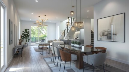 Fototapeta premium Elegant dining room with a glass table, contemporary chairs, and a statement light fixture enhancing the modern decor.