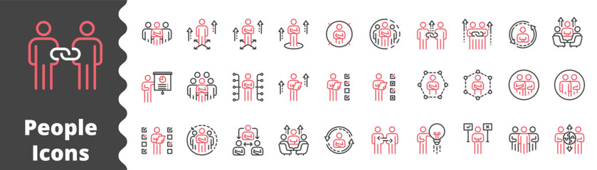 people icons business process, human resource management,  meeting work group team , icon line red color vector design elements pictograms and infographics