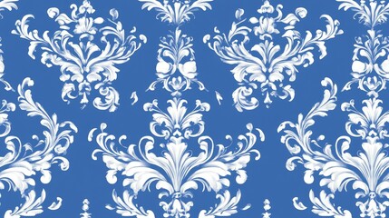 Ornate damask pattern background for wallpaper design in a Baroque style White motifs on a blue backdrop with intricate details