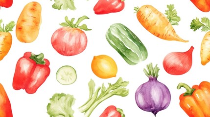 Seamless Pattern of Hand Drawn Watercolor Vegetables Repeatable Design Featuring Healthy Foods Ideal for Vegan Menus Farmers Market or Advertising Backgrounds