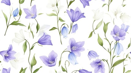 Seamless pattern of Campanula flowers featuring soft lilac white and blue bells with delicate leaves created in watercolor on a white background Stock illustration