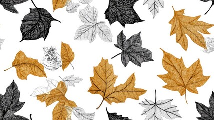 Seamless pattern featuring tree leaves with black and gold outlines including chestnut and maple leaves