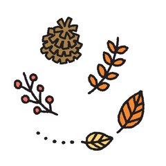 手書き風のシンプルな松ぼっくりや落ち葉のイラストセット