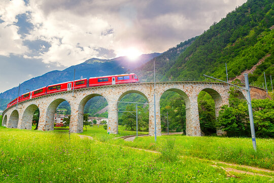 Brusio spiral viaduct (Kreisviadukt Brusio) on the Bernina Railway at Grisons, Switzerland