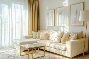 Cozy living room with light colors and elegant decor.