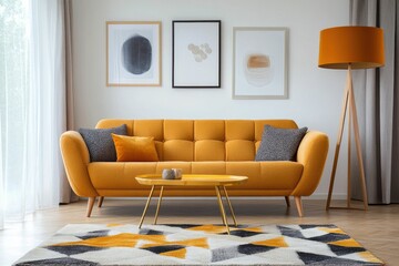 Modern living room with orange sofa and decorative art.