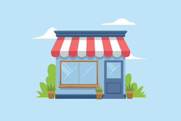 Obraz premium Small shop with a red and white awning, online sales concept.