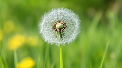 Fototapeta premium Close up view of a dandelion against a natural background showcasing its intricate details and beauty