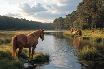 Wild Horses Grazing in New Forest National Park: Photorealistic Springtime Scene