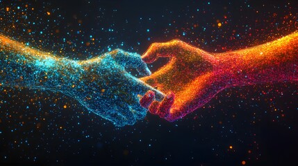Abstract design of interlocking hands in a spectrum of skin tones forming a heart shape, with glowing lines and holographic elements symbolizing connection, futuristic style, vivid colors