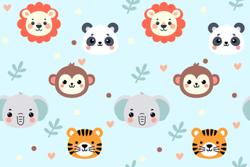 Seamless pattern with cute face animals on Blue Background. Vector baby colorful background with cartoon characters.
