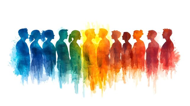 Artistic representation of a community choir singing together, each member depicted as a colorful silhouette, radiating unity and harmony