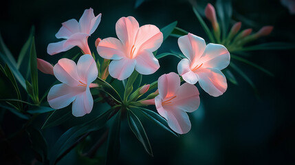 Fototapeta premium A close-up of oleander flowers with their delicate pink petals and green leaves set against a dark background. The morning light creates a soft glowing effect around the flowers 