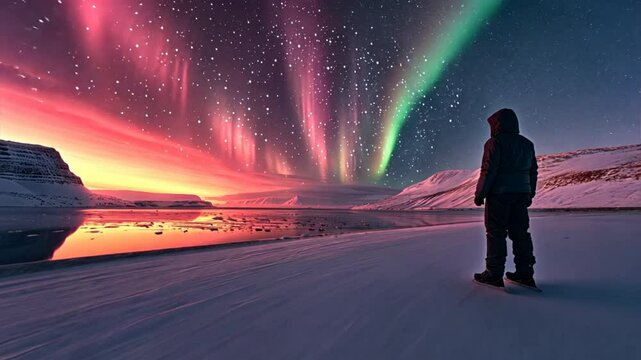 Arctic Aurora: A Solitary Figure witnesses a breathtaking display of the Northern Lights dancing across the Arctic sky, a mesmerizing spectacle of color and light.