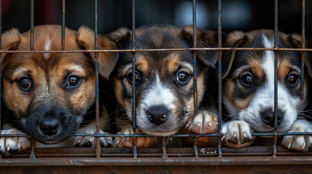 Inside a cage, three distressed puppies sit close together, their expressions conveying sadness and a desire for a loving home.
