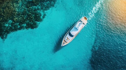 Aerial view of a yacht on turquoise water showcasing a vibrant summer seascape and travel inspiration through the beauty of the ocean