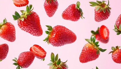 Seamless oil painting pattern featuring fresh ripe strawberries against a pink background ideal for package design with a selective focus on falling strawberries