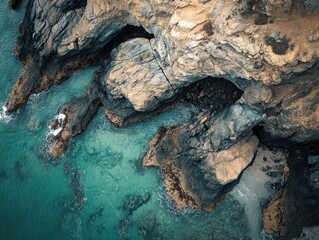 Aerial view of a rocky shoreline showcasing natural formations and textures