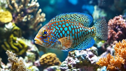 Vibrant blue and orange patterned fish swimming gracefully among colorful coral in a serene underwater scene.