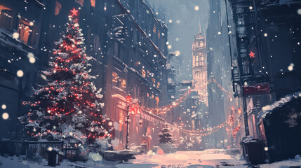 Christmas Tree in the City background , Abstract Digital Illustration