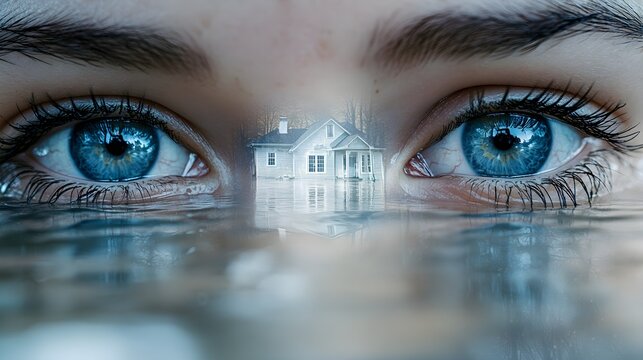 Double exposure, close-up of two eyes with a flooded home in the background, water damage visible, capturing the urgency of an insurance claim