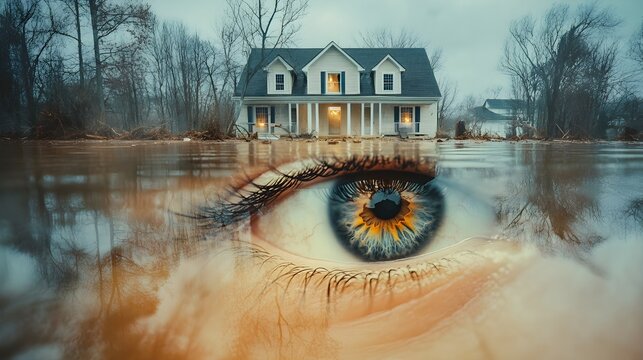 Double exposure, close-up of two eyes with a flooded home in the background, water damage visible, capturing the urgency of an insurance claim