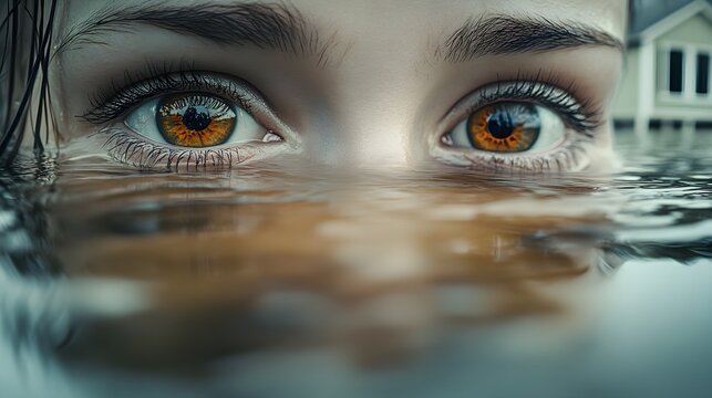 Double exposure, close-up of two eyes with a flooded home in the background, water damage visible, capturing the urgency of an insurance claim