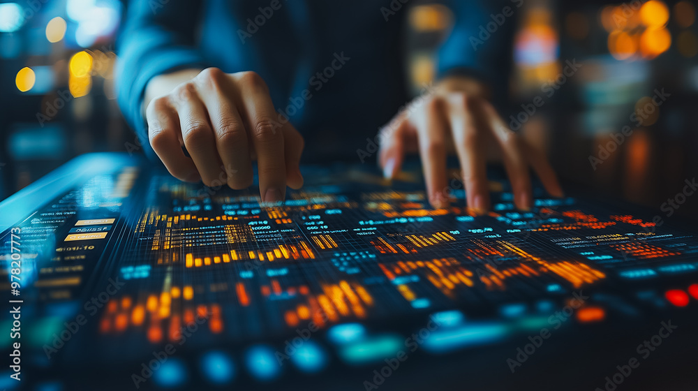 Poster a person is using a computer to type on a screen with a lot of numbers and letters. concept of focus
