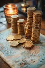 A stack of gold coins sits on top of a map. The coins are piled high, and the map is spread out on a table. Concept of wealth and abundance, as the coins are a symbol of prosperity