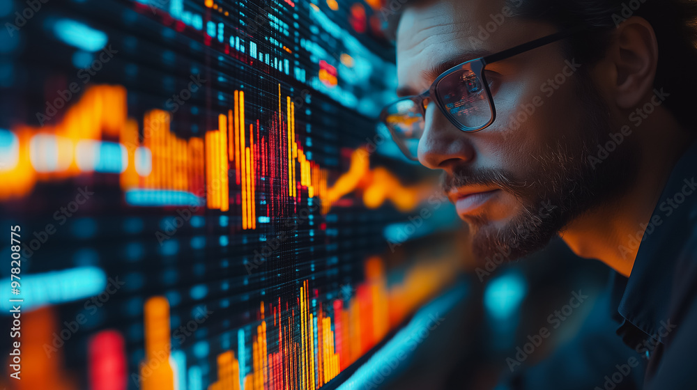 Poster a man is looking at a computer screen with a lot of numbers and graphs. he is wearing glasses and he