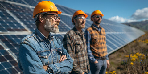 Fototapeta premium Solar energy engineers inspecting solar panels in a field, Group of solar technicians working on solar energy installation