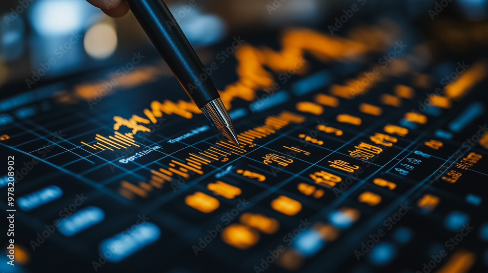 Poster a person is pointing at a graph on a computer screen. the graph is filled with numbers and lines, an
