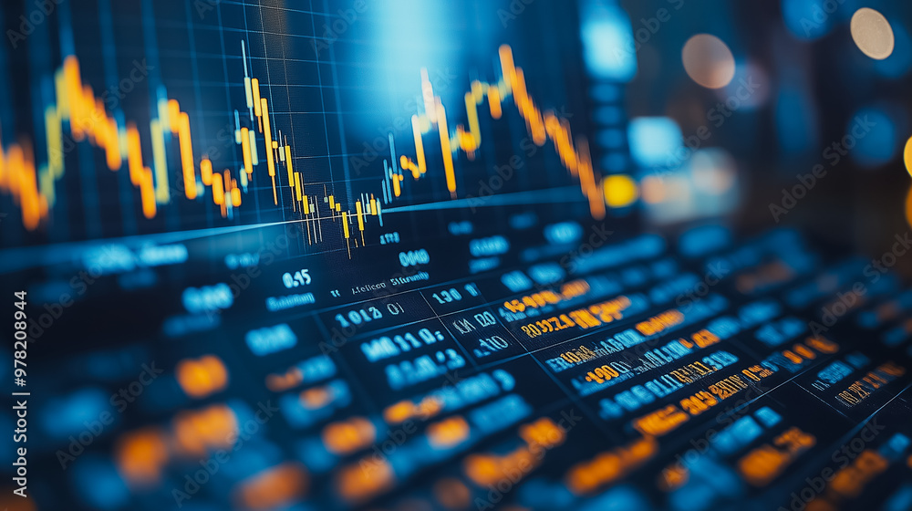 Poster a stock market graph with a lot of numbers and lines. the numbers are in different colors and the li