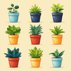 Obraz premium Collection of Cartoon Green Plants in Pots Illustration