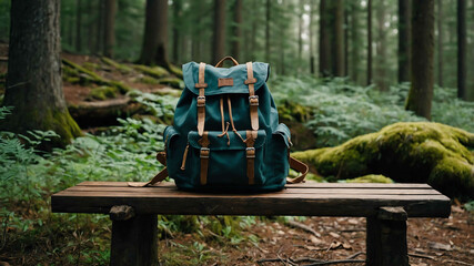 Backpack leaning against a bench in a quiet forest clearing