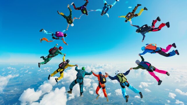 a group of skydivers forming a circle mid-air, set against a wide-open blue sky