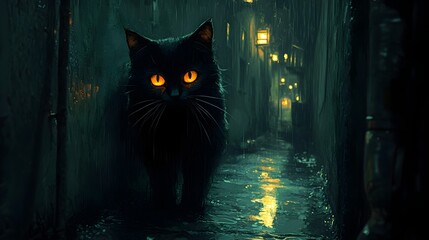 Glowing Eyes Peering from the Shadowy Alley with a Black Cat Arching Beneath a Streetlight
