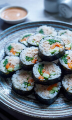 Gimbap or Kimbap. Korean seaweed rice rolls filled with tuna, carrots, cooked spinach, cucumber, and steamed rice. Close up. Selective focus