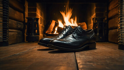 Leather shoes placed by a fireplace in a cabin