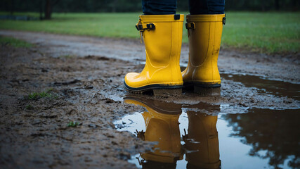 Rain boots sitting by a muddy puddle in a park