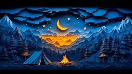 Enchanting Camping Getaway Under the Starry Night Sky with Crescent Moon