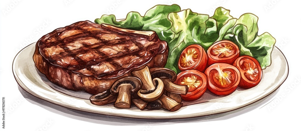 Wall mural Ribeye steak served with fresh lettuce cherry tomatoes and grilled mushrooms