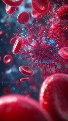 An intricate illustration of red blood cells and a virus hovering in fluid, showcasing the complexity of the human immune system.